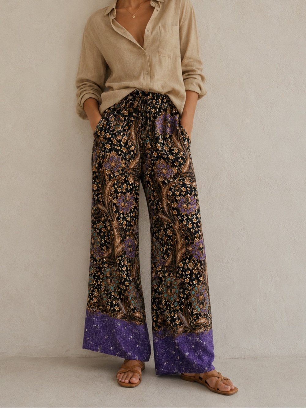 Warm pickford cotton relaxed fit boho purple black floral pants